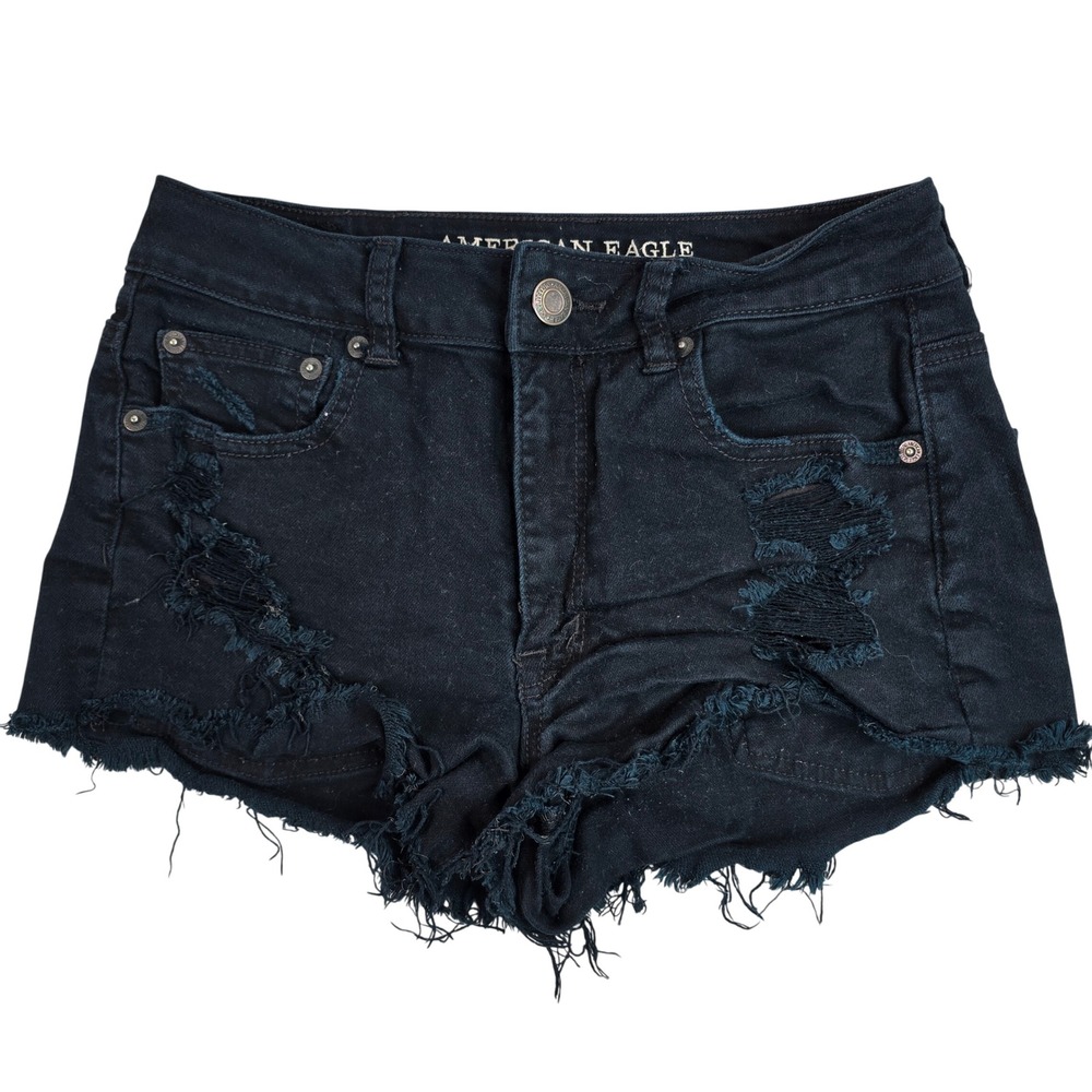 American Eagle Black Distressed Stretch Denim Shorts Womens Size 6 Frayed Hem